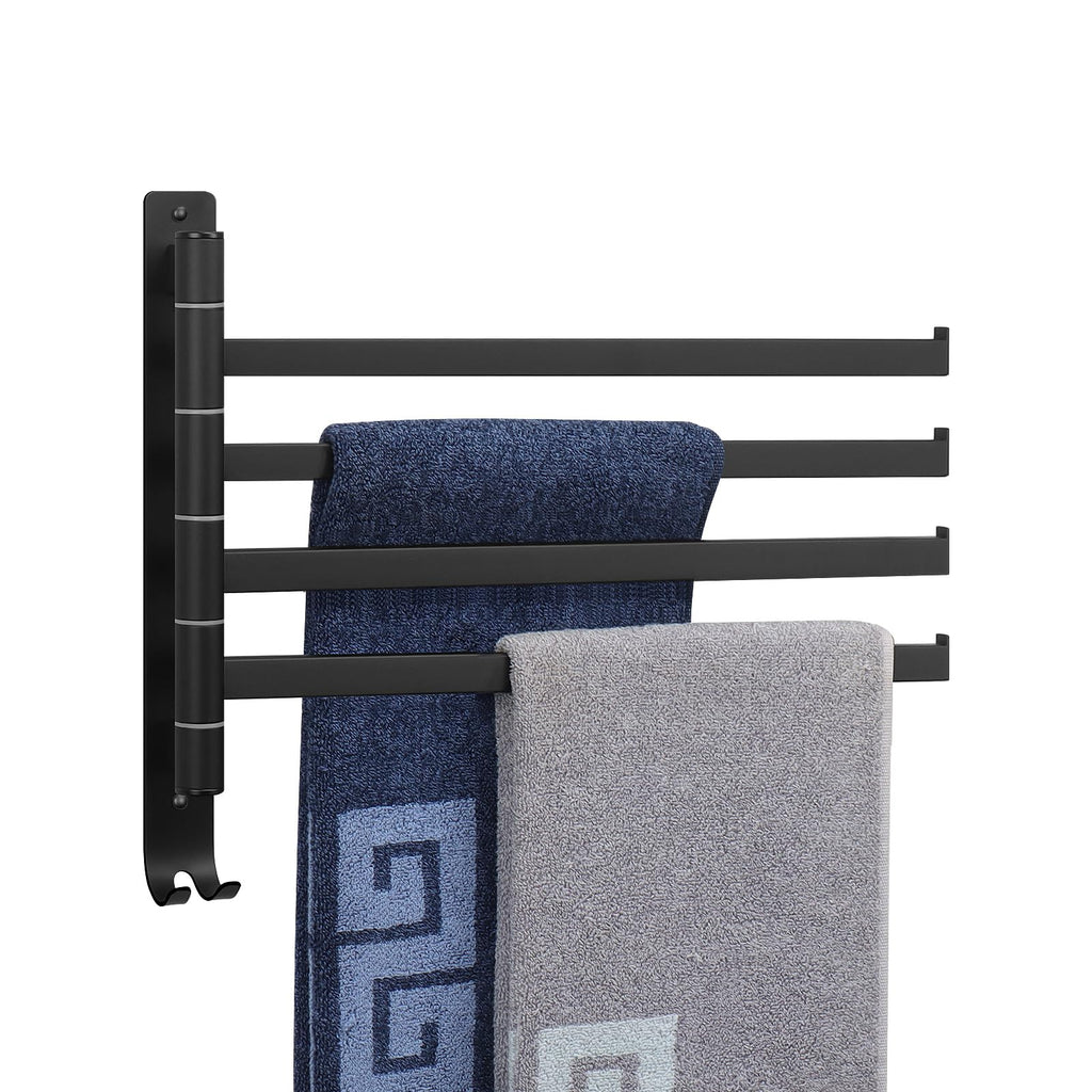 NearMoon Swivel Towel Rack, 13.8" Thicken 304 Stainless Steel 4-Arm Towel Bar, Space Saving Wall Mounted Towel Holder with Hook, Rustproof Swing Out Towel Hanger for Bathroom, Kitchen (Matte Black)