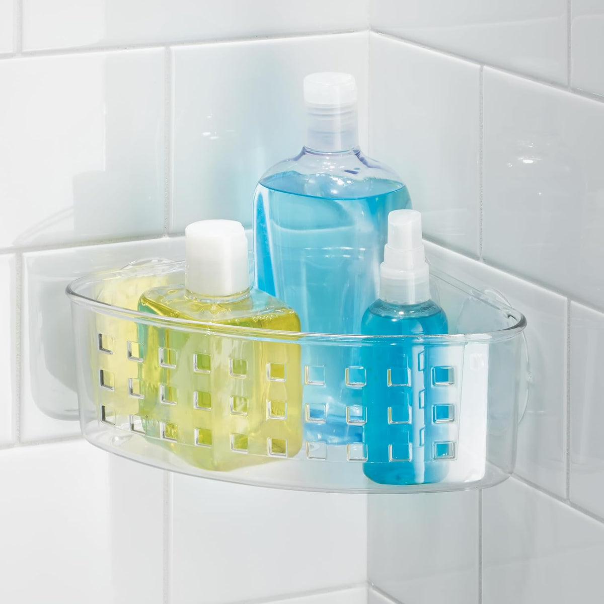 iDesign Plastic Suction Cup Corner Shower Basket, Clear