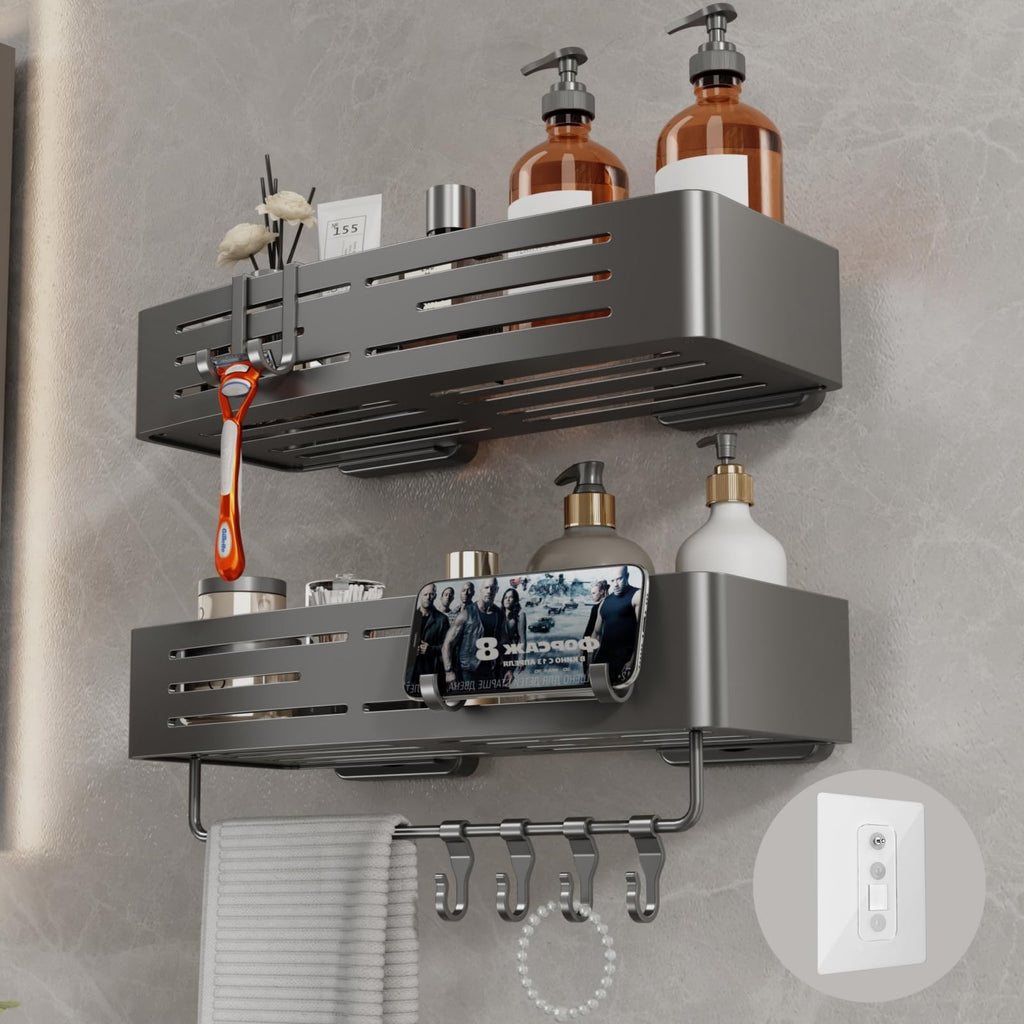 Voldra Corner Shower Caddy Suction Cup, Corner Shower Shelves No Drilling, Aluminum Upgrade Suction Cup Shower Organizer with Towel Bar & Hooks Removable Bathroom Storage Rack(2 Pack, Matte Gray)