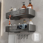 Voldra Corner Shower Caddy Suction Cup, Corner Shower Shelves No Drilling, Aluminum Upgrade Suction Cup Shower Organizer with Towel Bar & Hooks Removable Bathroom Storage Rack(2 Pack, Matte Gray)