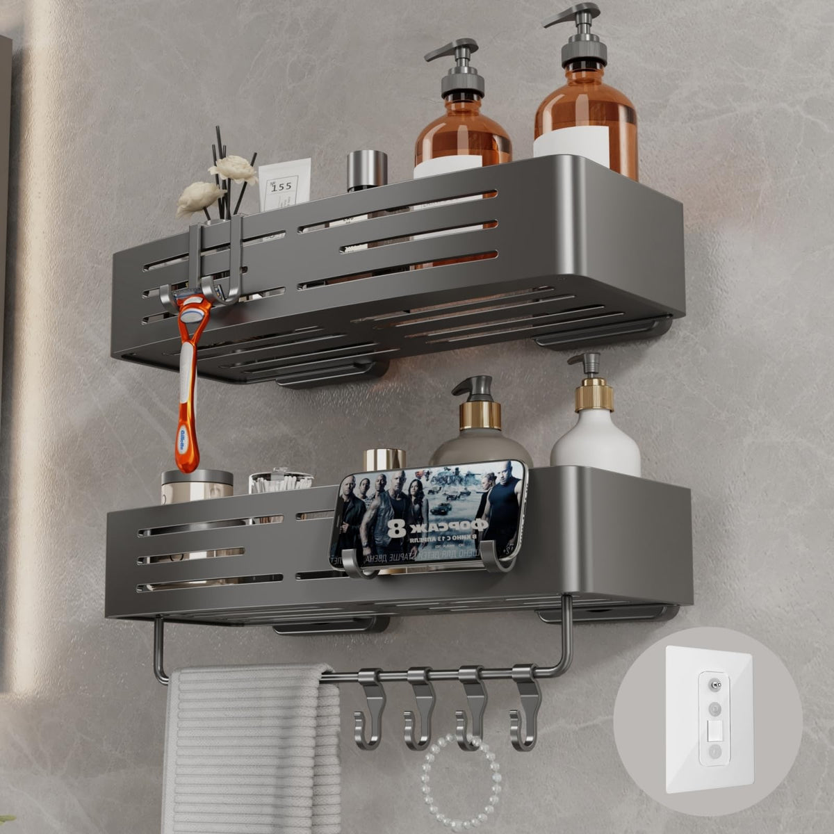 Voldra Corner Shower Caddy Suction Cup, Corner Shower Shelves No Drilling, Aluminum Upgrade Suction Cup Shower Organizer with Towel Bar & Hooks Removable Bathroom Storage Rack(2 Pack, Matte Gray)
