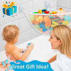 Bath Toy Storage Organizer for Bathtub – Large Mesh Bath Toy Holder & Bath Toy Net, Corner Bathtub Toy Storage with 3 Strong Suction Cups, 3 Adhesive Hooks, Quick-Dry Toy Holder for Tub & Shower