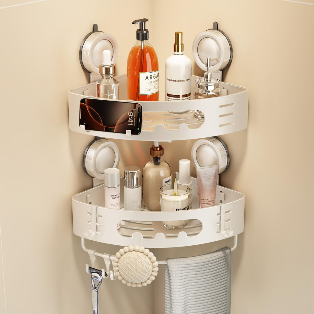 Voldra Corner Shower Caddy Suction Cup, Aluminum Corner Shower Shelves for Wall No Drilling, Large Suction Cup Shower Organizer with Towel Bar & Hooks Removable Bathroom Storage Rack(2 Pack-Gray)
