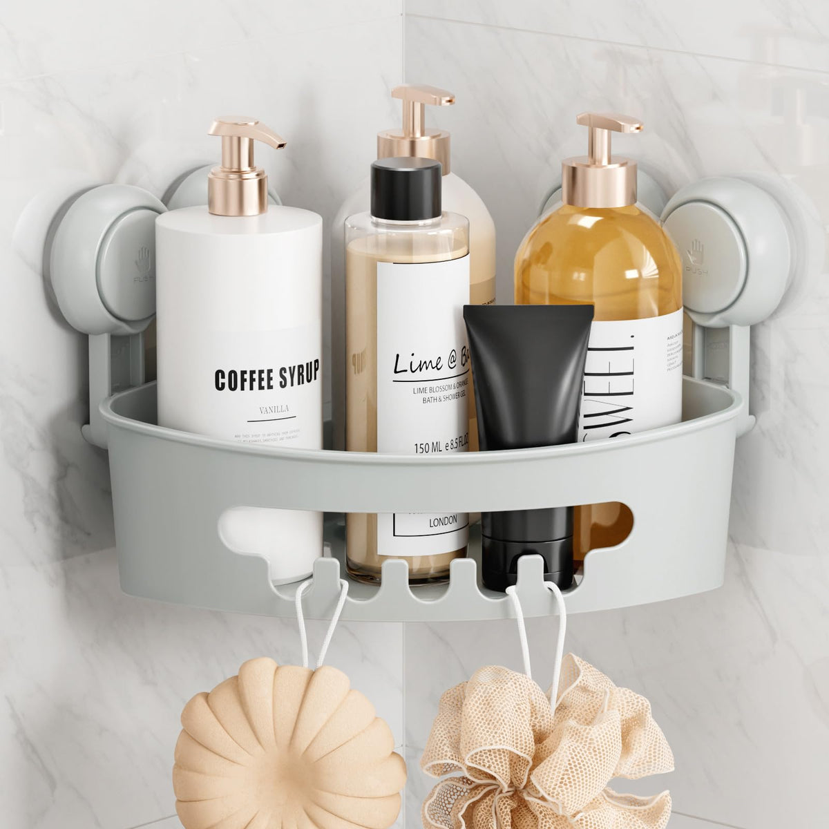 TAILI Corner Shower Caddy with Suction Cups, Wall Mounted Organizer Plastic Rack for Small Bathrooms, Kitchen, Removable Drill-Free Heavy Duty Shelf Basket, White