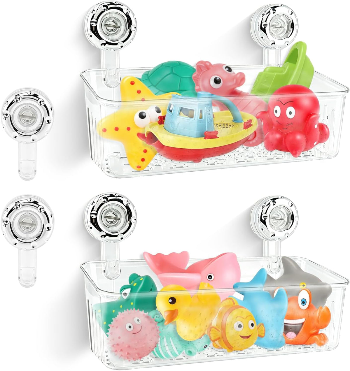2 Pack Bath Toy Storage Organizer Basket, No Drill Suction Cup Wall Mounted Hanging Shower Basket, Bath Toy Organizer for Bathtub and Bathroom, 6 Suction Cups Included
