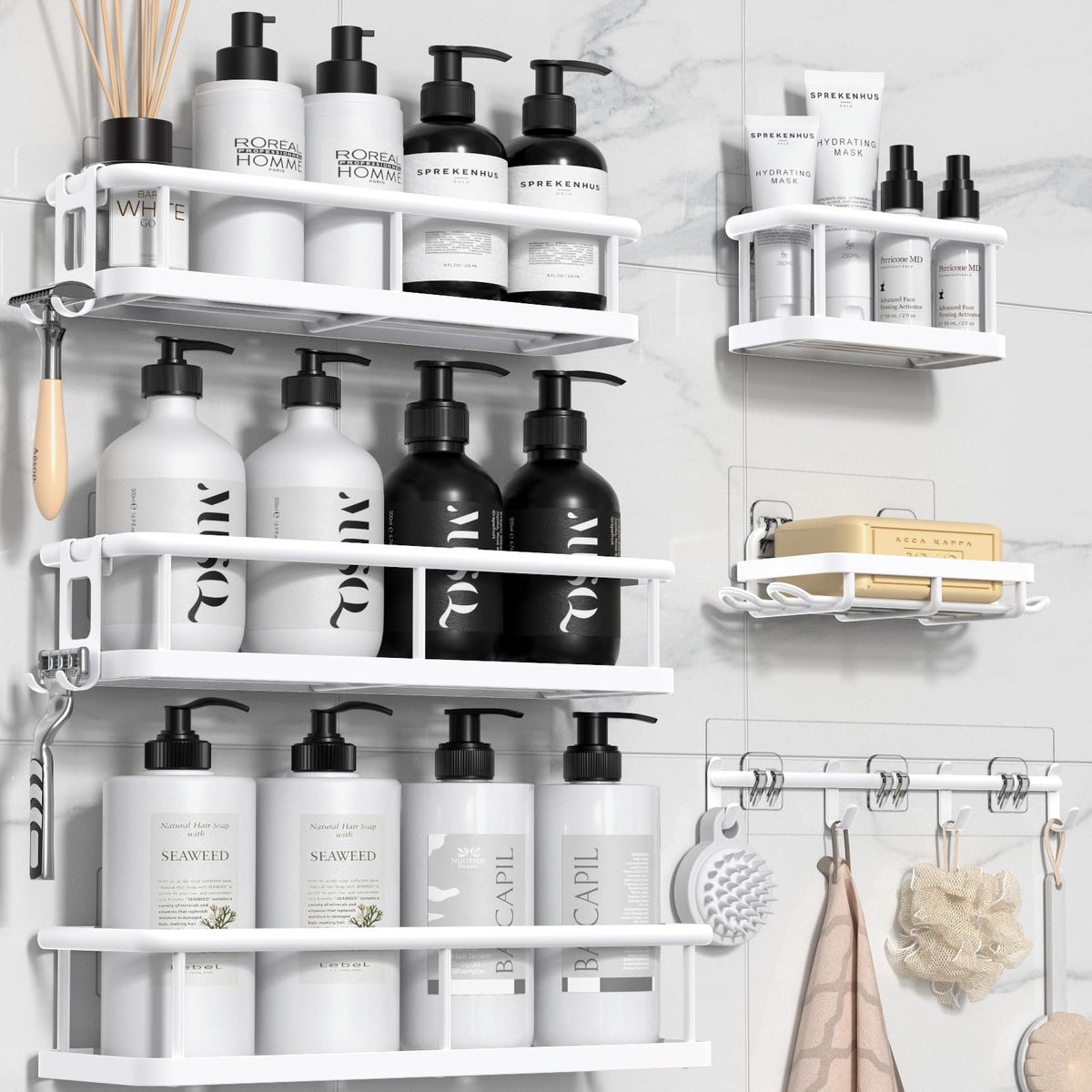 YASONIC Shower Caddy Adhesive, Rustproof Shower Organizer with Soap Holder, Large Capacity Shower Shelves for Inside Shower, No Drilling Bathroom Organizers and Storage for Home Decor 6 Pack Black