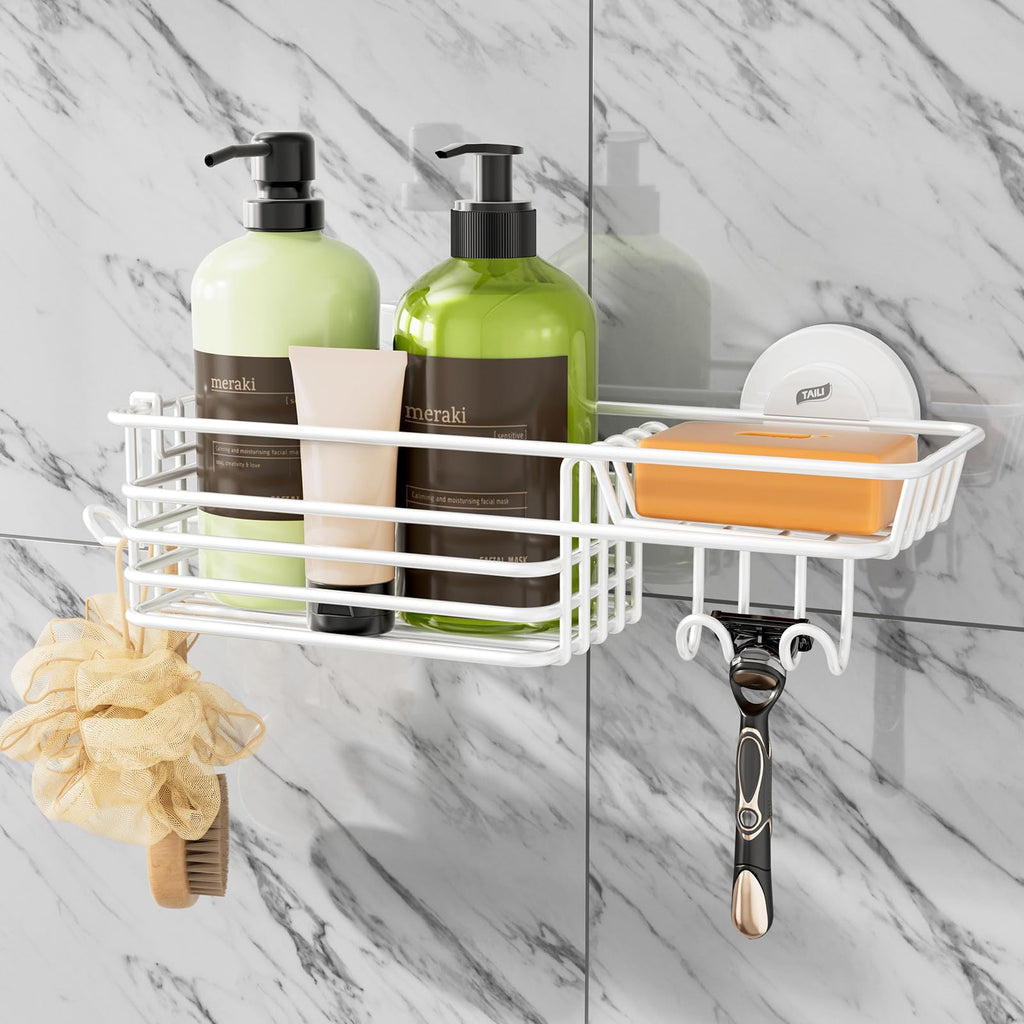 TAILI Shower Caddy Suction Cup 2 Pack with Hooks and Soap Holder, Silver