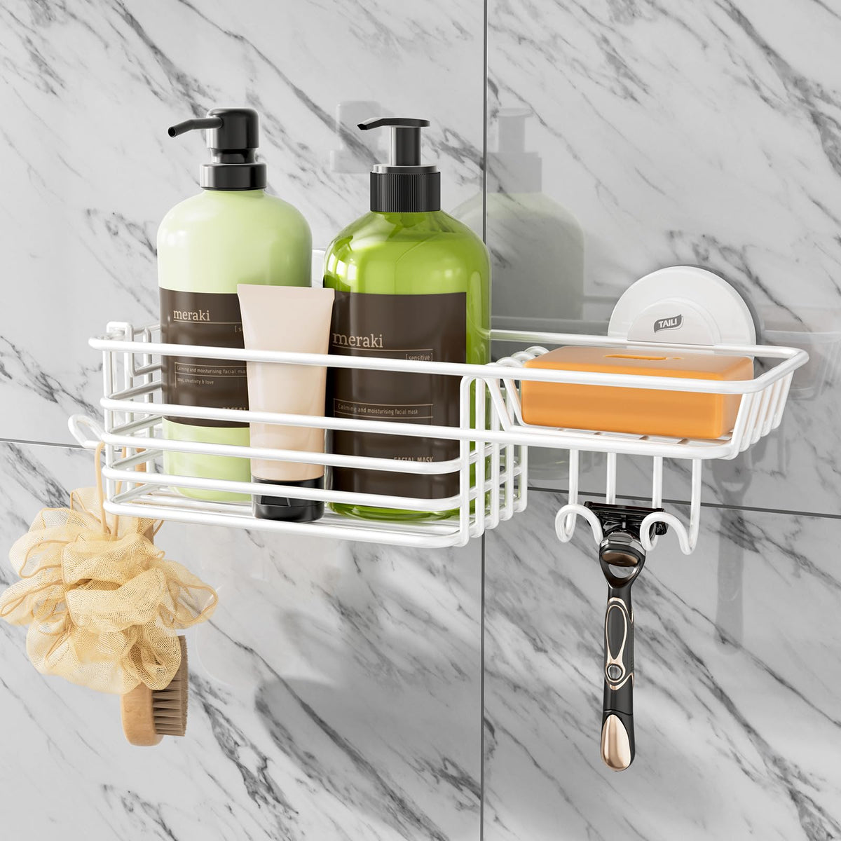 TAILI Shower Caddy Suction Cup 2 Pack with Hooks and Soap Holder, Silver