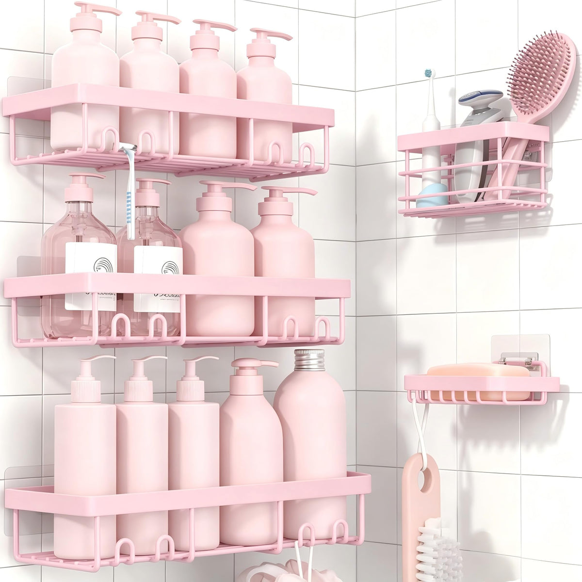 Moforoco 3-Pack Shower Caddy Basket Shelf with Soap Holder, No Drilling Traceless Adhesive Shower Wall Shelves, Rustproof Black Bathroom Shower Storage Organizer