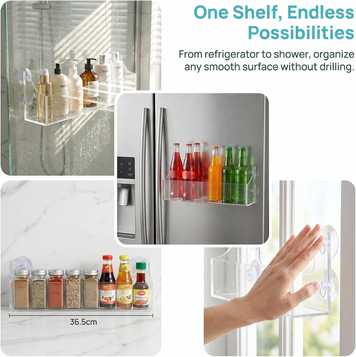 1 PCS Shower Shelf Suction Cup, Clear Acrylic Floating Bathroom Organizer, No Drill Wall Mounted Storage Caddy, Transparent Basket Rack for Inside Shower, Window, Kitchen, Refrigerator