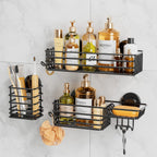 LEVERLOC Shower Caddy Suction Cup, 2 Pack Shower Shelves for Inside Shower with Hooks & Soap Holder, NO-Drilling Bathroom Shower Organizer, Rustproof Meatl Shower Holder Storage, Black