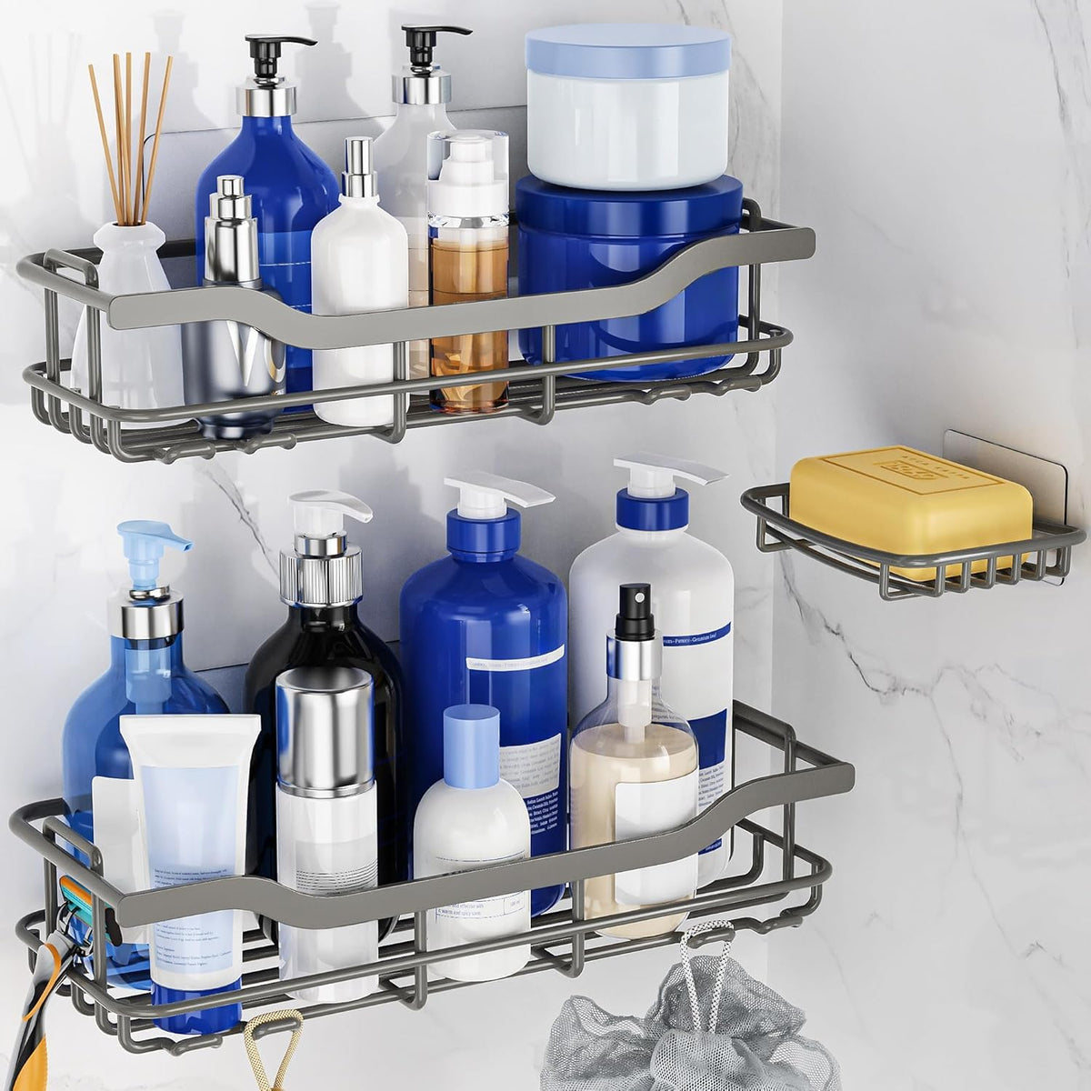 OMAIRA 3-Pack Shower Caddy with Soap Holder, Adhesive Rustproof No-drill Strudy Loading Inside Shower Organizer Shelves Rack Storage Bathroom Organization for Smooth Wall Glass Tile, Black (X-Large)