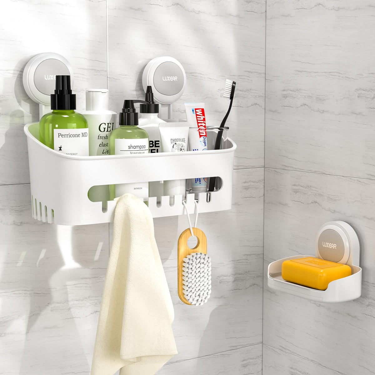 LUXEAR Shower Caddy Suction Cup NO-Drilling Removable Shower Shelf Powerful Heavy Duty Hold up to 22lbs, Waterproof Storage Basket for Shampoo & Toiletries Bathroom & Kitchen Caddy Organizer