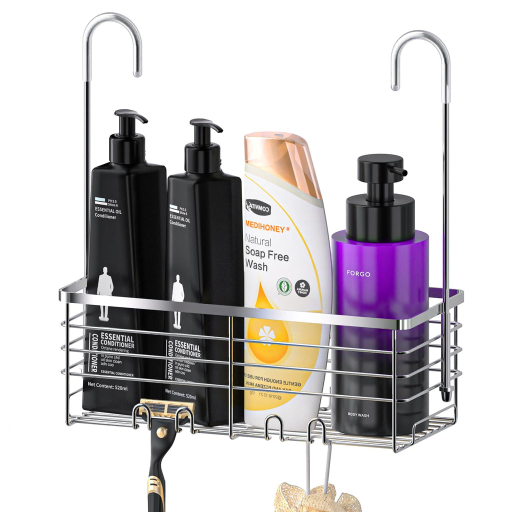 SHANSHUI Shower Hanging Caddy, Bathroom Shower Organizer Basket, Shampoo Bracket, Over Door Showers Rack with Hooks, 304 Stainless Steel Rustproof