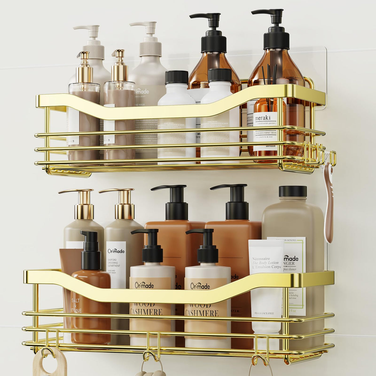 Orimade Shower Caddy Basket Shelf Storage Rack, No Drilling Wall Mounted Adhesive Rust Resistant Stainless Steel Shower Organizer with 5 Hooks for Bathroom, Black 2 Pack
