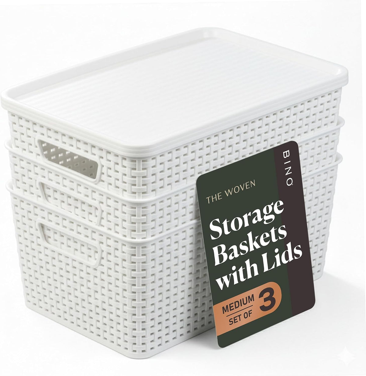 BINO | Plastic Storage Baskets with Lids, 15.5 Liter - 3 Pack, White | THE WOVEN COLLECTION | Storage Basket for Shelves Woven Storage Baskets for Organizing Bins Pantry Shelf Organizer Container Bin