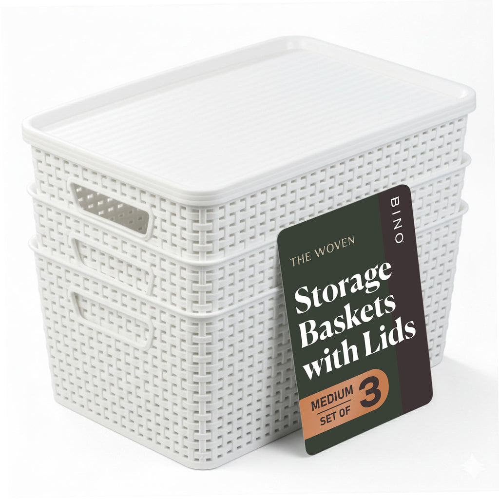 BINO | Plastic Storage Baskets with Lids, 15.5 Liter - 3 Pack, White | THE WOVEN COLLECTION | Storage Basket for Shelves Woven Storage Baskets for Organizing Bins Pantry Shelf Organizer Container Bin