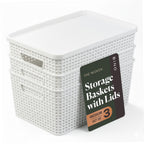 BINO | Plastic Storage Baskets with Lids, 15.5 Liter - 3 Pack, White | THE WOVEN COLLECTION | Storage Basket for Shelves Woven Storage Baskets for Organizing Bins Pantry Shelf Organizer Container Bin