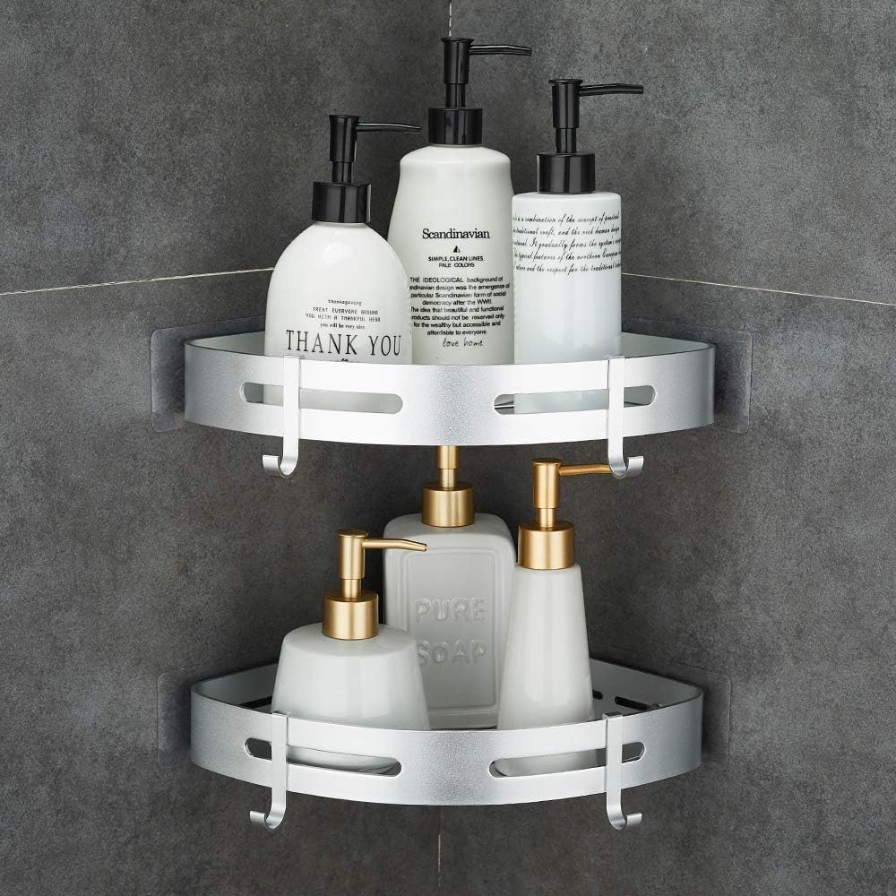 Corner Caddy Bathroom Shower Shelf Wall Mounted No Drilling 2 Tier Storage Shelves Adhesive Triangle Baskets Silver Bathroom Kitchen Storage Basket