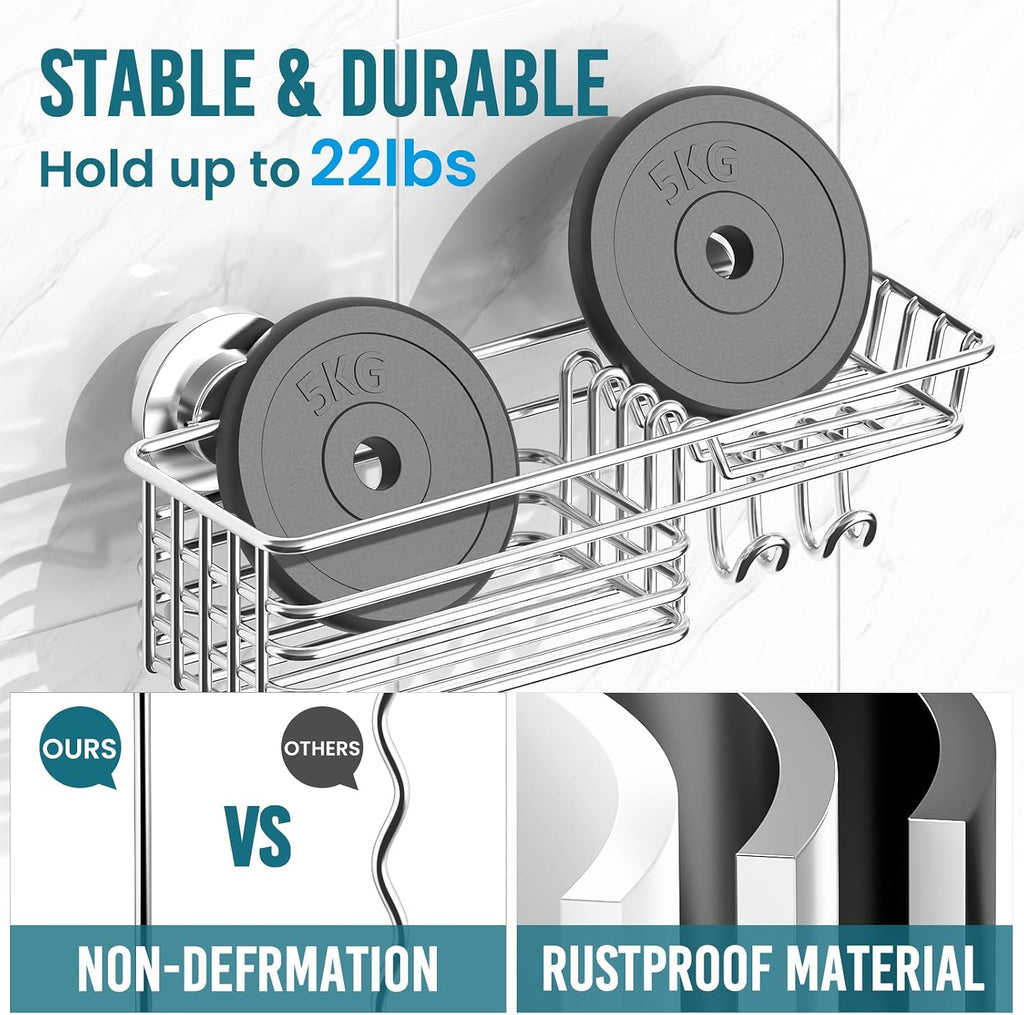 TAILI Shower Caddy Suction Cup 2 Pack with Hooks and Soap Holder, Silver