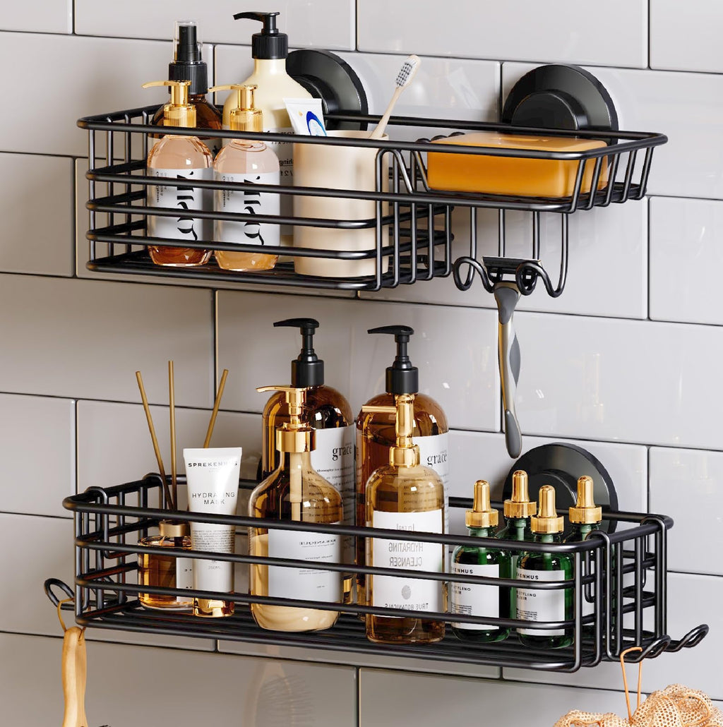 TAILI Shower Caddy Suction Cup 2 Pack with Hooks and Soap Holder, Silver