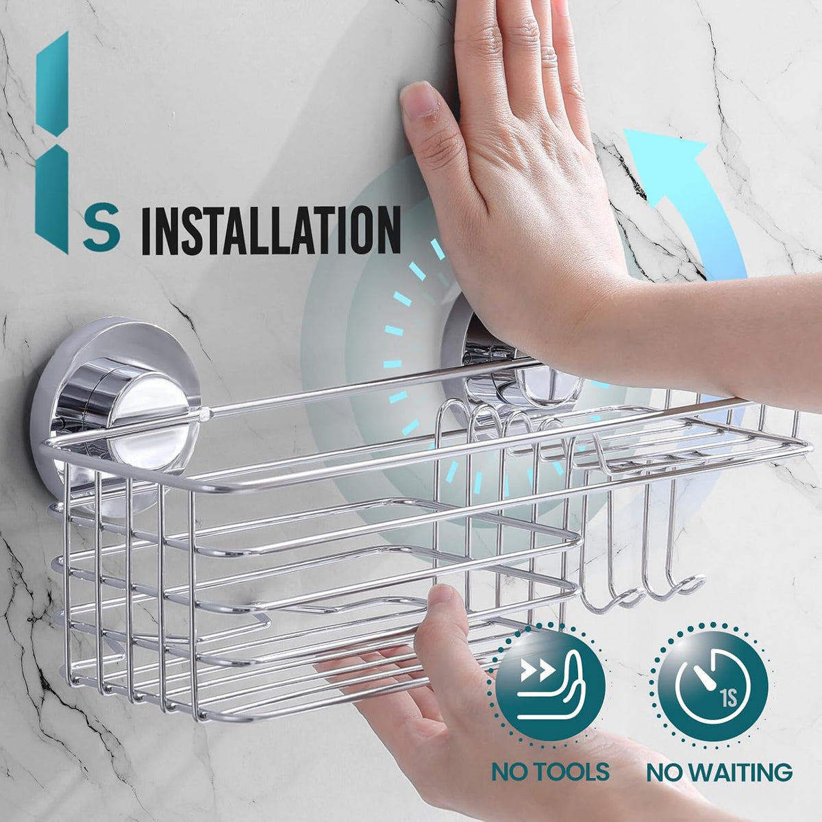 TAILI Shower Caddy Suction Cup 2 Pack with Hooks and Soap Holder, Silver