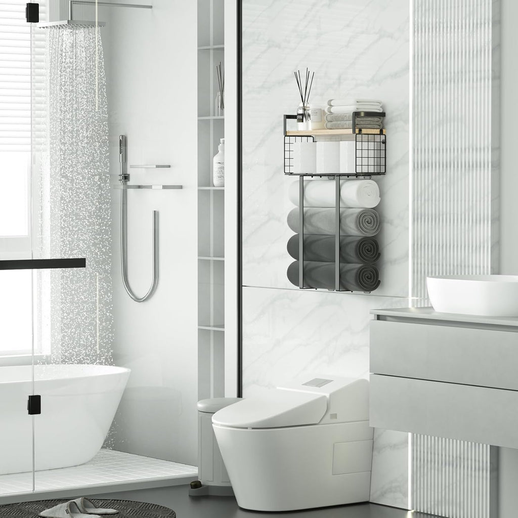 Xstydes Towel Racks for Bathroom, Metal Towel Holder with Storage Basket,Wall Towel Rack for Rolled Towels, Towel Storage for Small Bathroom.
