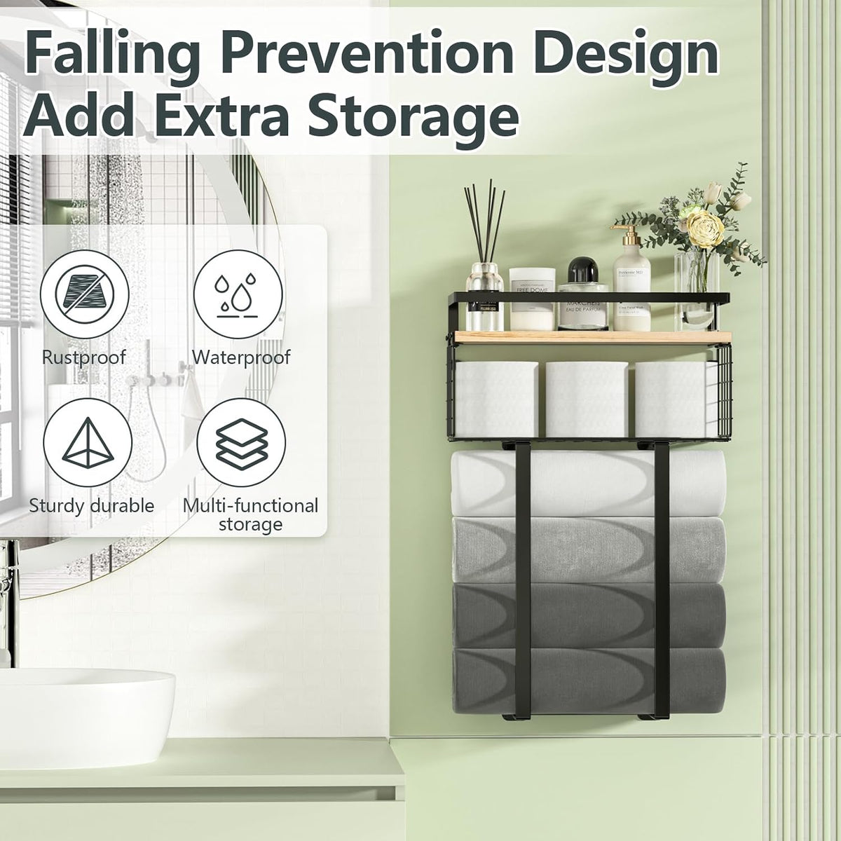 Xstydes Towel Racks for Bathroom, Metal Towel Holder with Storage Basket,Wall Towel Rack for Rolled Towels, Towel Storage for Small Bathroom.