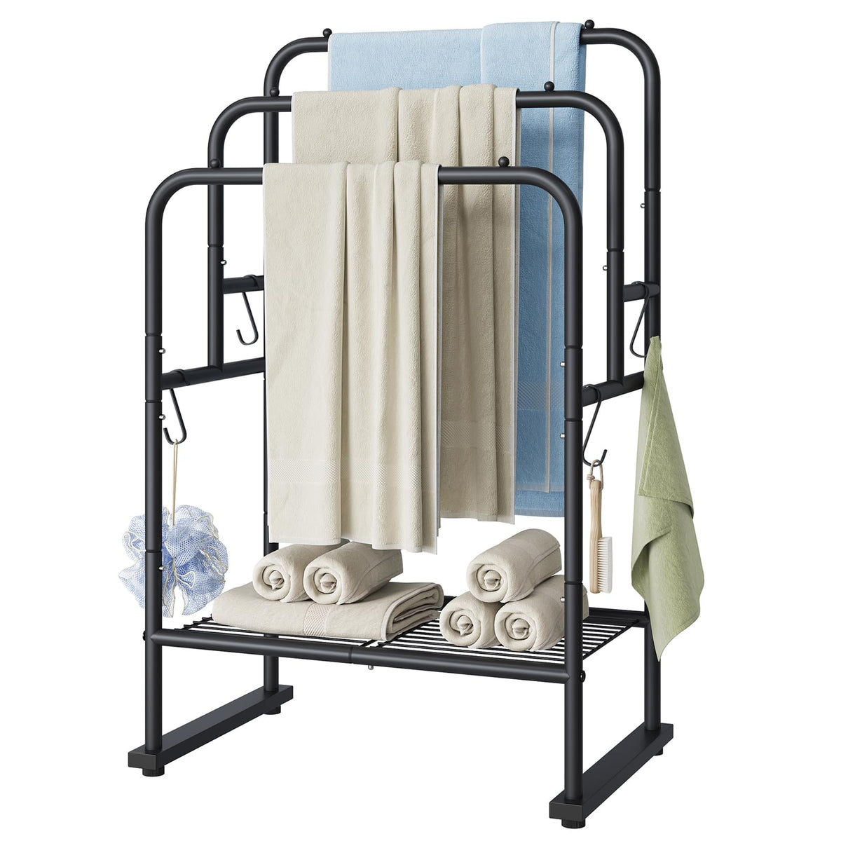 ELYKEN 3 Tier Freestanding Towel Rack with Shelf, 40" H Towel Stand, Black