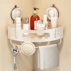 Voldra Corner Shower Caddy Suction Cup, Aluminum Corner Shower Shelves for Wall No Drilling, Large Suction Cup Shower Organizer with Towel Bar & Hooks Removable Bathroom Storage Rack(2 Pack-Gray)