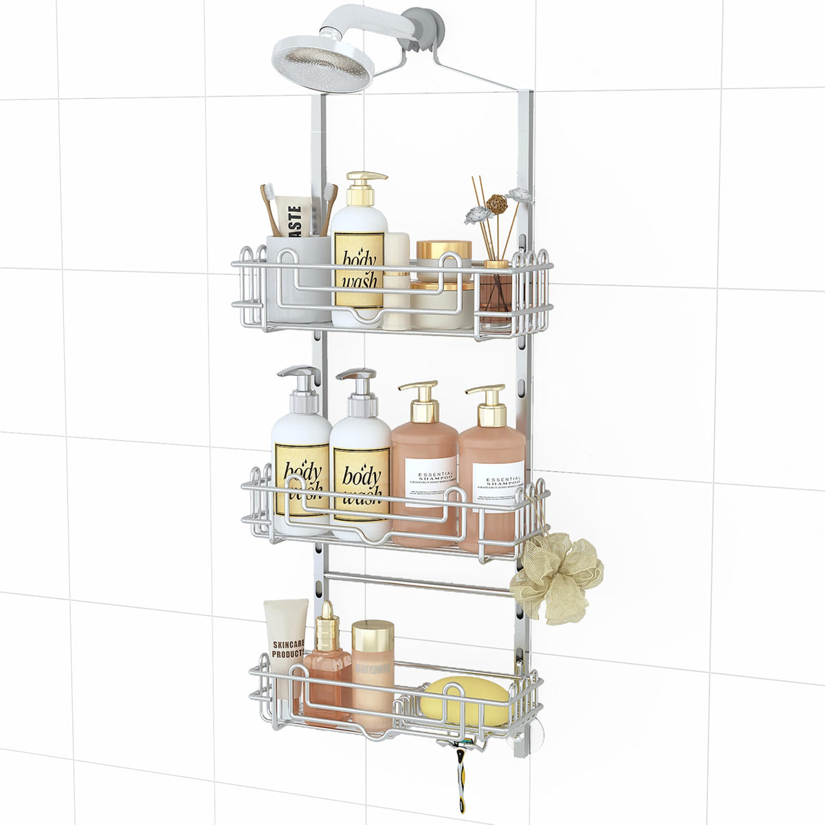 SWTYMIKI Shower Caddy Hanging Organizer - 3-Tier Rustproof Shower Organizer Over Showerhead with Adjustable Baskets, 24 Hooks, Soap & Razor Holder - No Drill Large Bathroom Storage Rack, Black