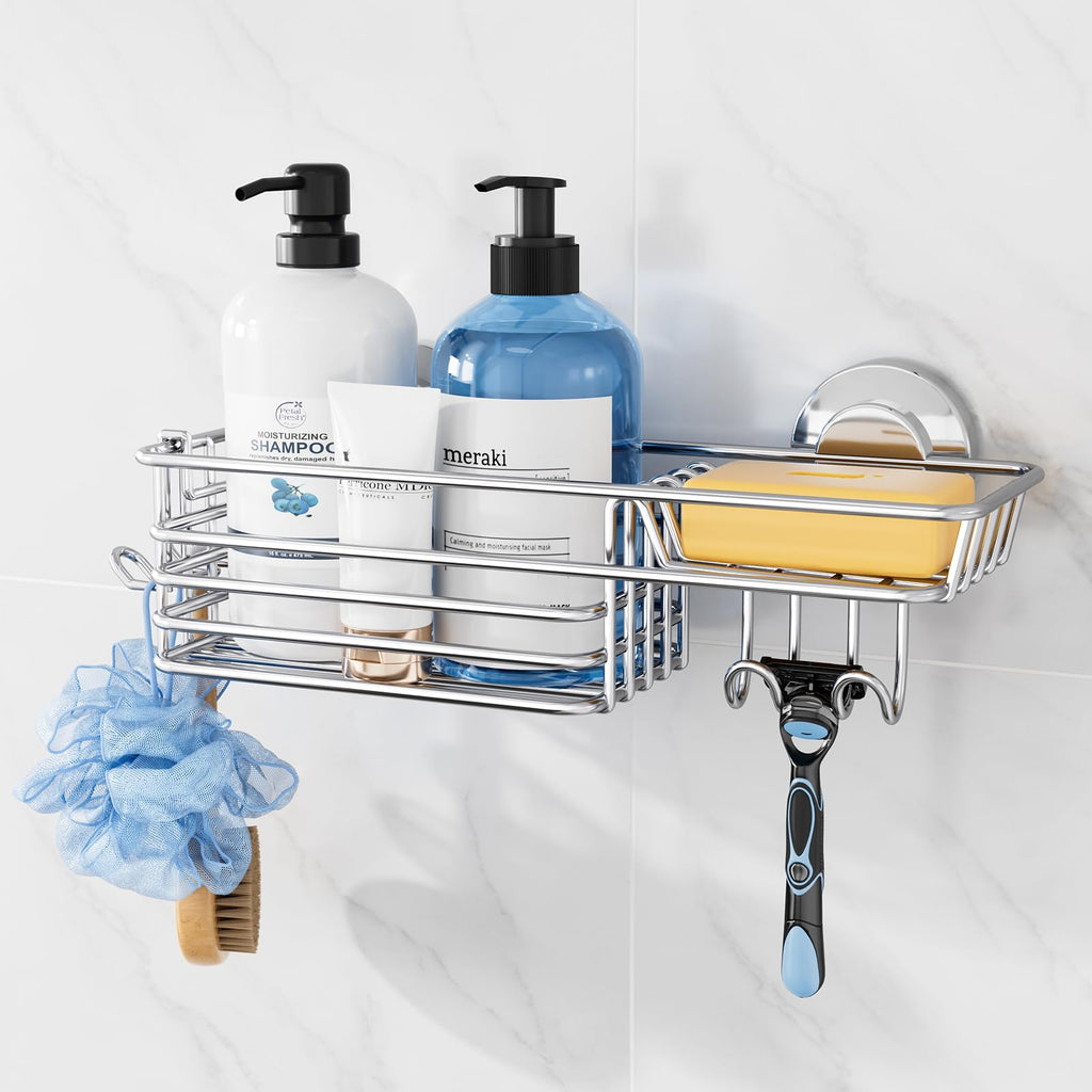 TAILI Shower Caddy Suction Cup 2 Pack with Hooks and Soap Holder, Silver