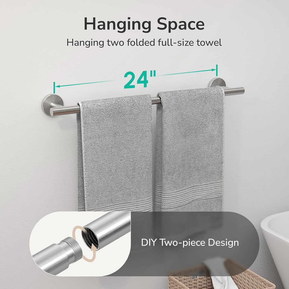 USHOWER Brushed Nickel Towel Bar, 24-Inch Towel Racks for Bathroom