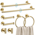 TURS Brushed Gold 5 Piece Bathroom Hardware Set, SUS304 Stainless Steel 24 Inch Bath Towel Bar Set, Round Bathroom Accessories Kit Wall Mounted