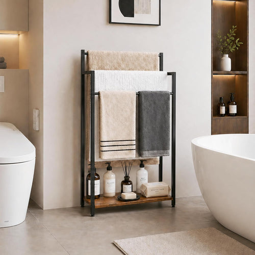 16.9" W Freestanding Towel Rack with Rustic Brown Wood Shelf