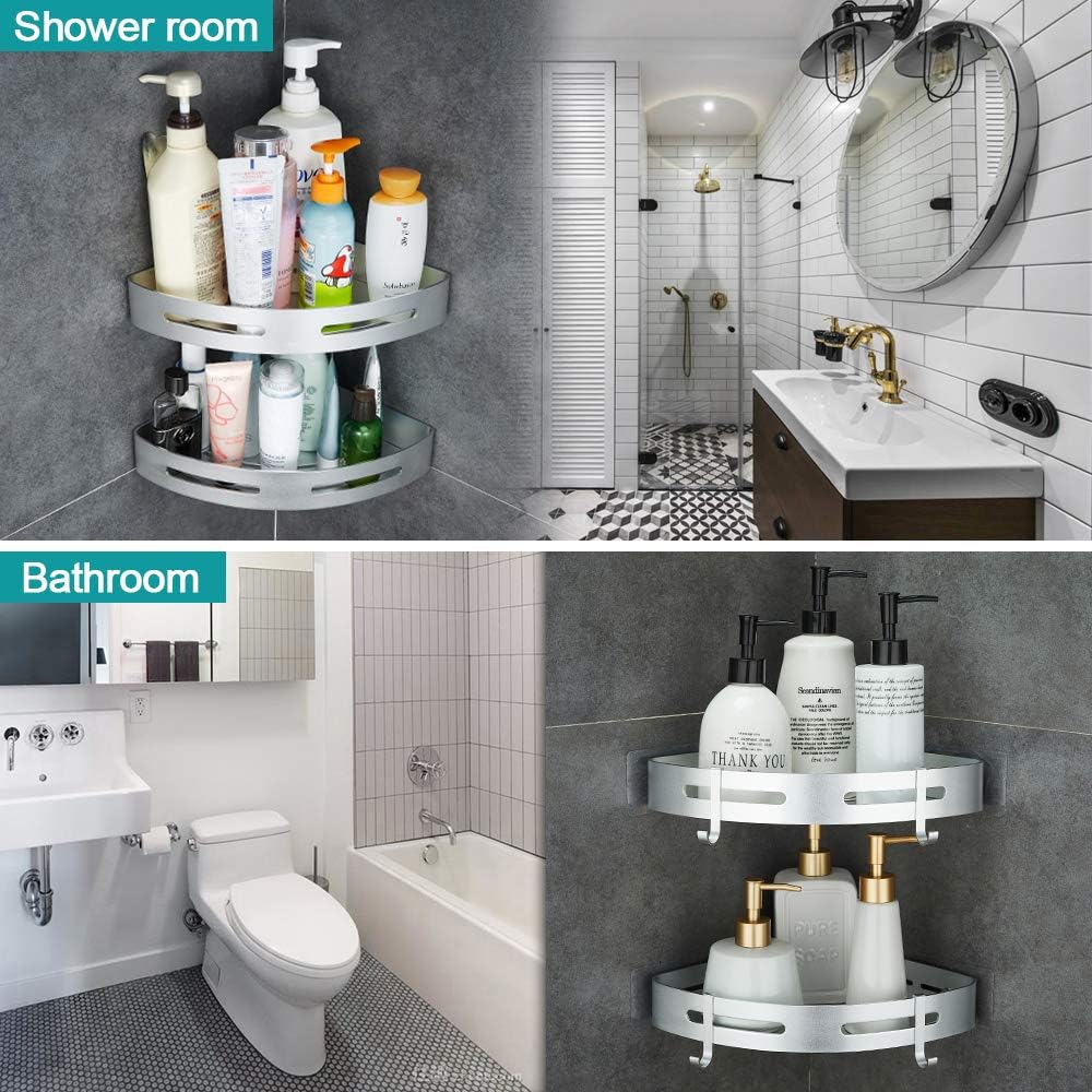 Corner Caddy Bathroom Shower Shelf Wall Mounted No Drilling 2 Tier Storage Shelves Adhesive Triangle Baskets Silver Bathroom Kitchen Storage Basket