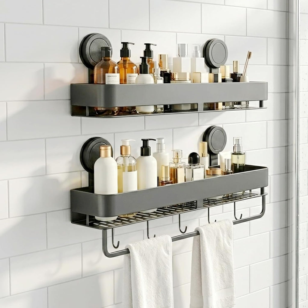 Shower Caddy Suction Cup 2 Pack with Hooks & Towel Rack, No Drilling