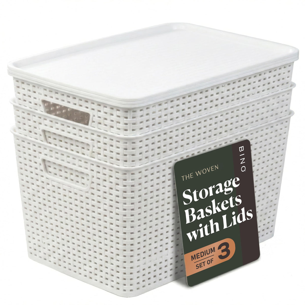 BINO | Plastic Storage Baskets with Lids, 15.5 Liter - 3 Pack, White | THE WOVEN COLLECTION | Storage Basket for Shelves Woven Storage Baskets for Organizing Bins Pantry Shelf Organizer Container Bin