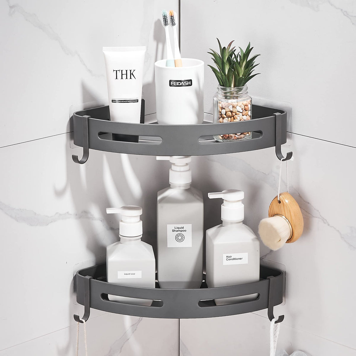 Corner Caddy Bathroom Shower Shelf Wall Mounted No Drilling 2 Tier Storage Shelves Adhesive Triangle Baskets Silver Bathroom Kitchen Storage Basket