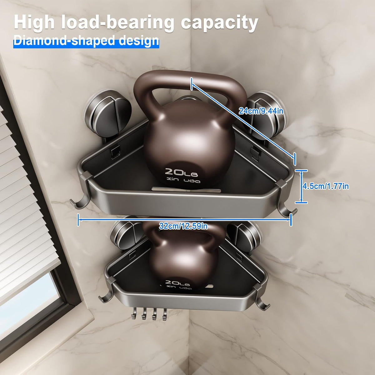 Mustorn Suction Cup Shower Caddy Corner, 1 Pack Suction Corner Shower Shelves No Drilling, Rustproof Shower Organizer Suction Cup with Towel Holder & Hooks Removable Bathroom Storage Rack(Gray)