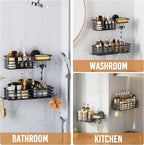 LEVERLOC Shower Caddy Suction Cup, 2 Pack Shower Shelves for Inside Shower with Hooks & Soap Holder, NO-Drilling Bathroom Shower Organizer, Rustproof Meatl Shower Holder Storage, Black