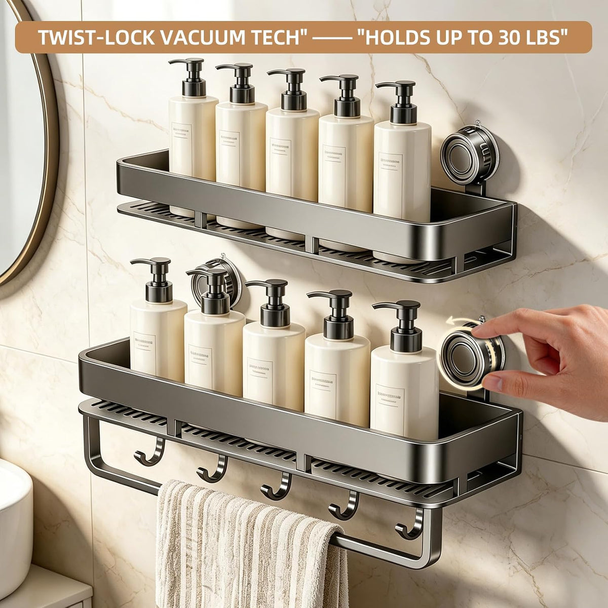 Suction Cup Shower Caddy,No Drilling, Rectangular, Grey,2-Pack