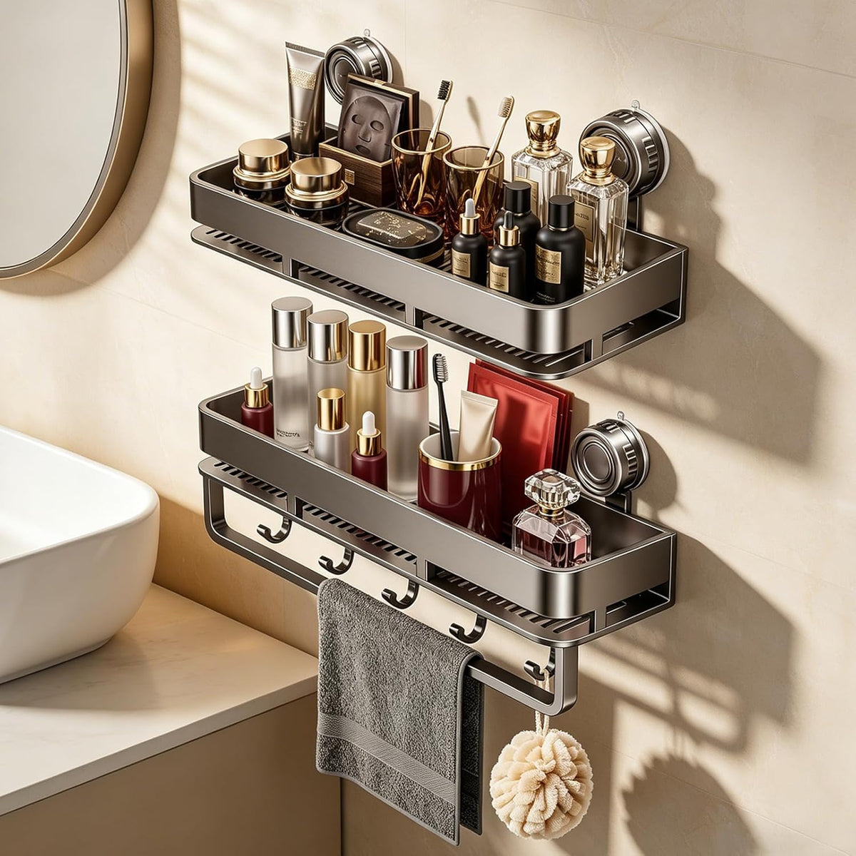 Suction Cup Shower Caddy,No Drilling, Rectangular, Grey,2-Pack