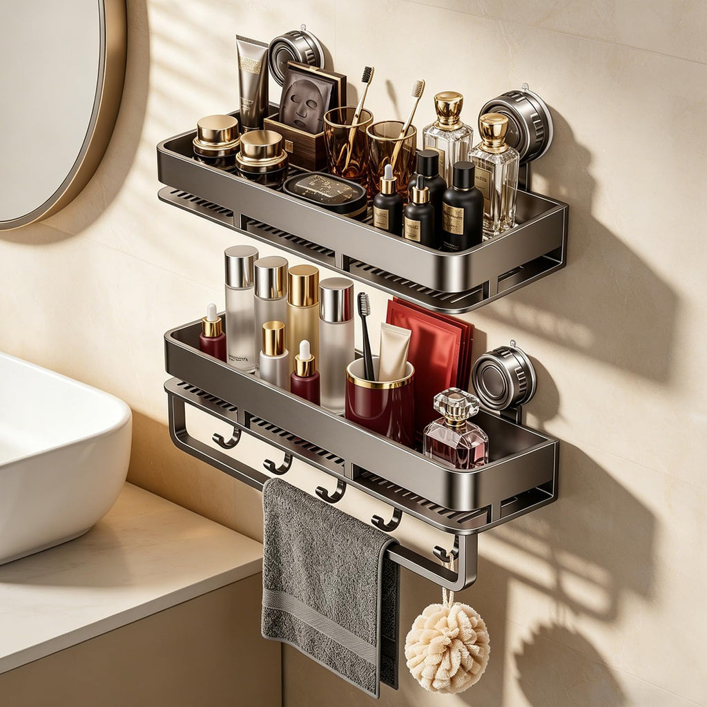 Suction Cup Shower Caddy,No Drilling, Rectangular, Grey,2-Pack