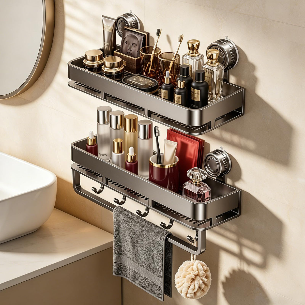Suction Cup Shower Caddy,No Drilling, Rectangular, Grey,2-Pack