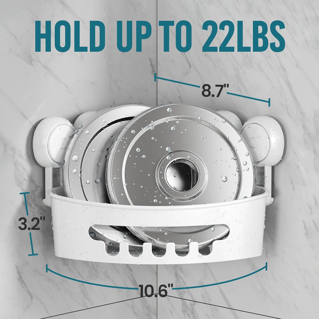 TAILI Corner Shower Caddy with Suction Cups, Wall Mounted Organizer Plastic Rack for Small Bathrooms, Kitchen, Removable Drill-Free Heavy Duty Shelf Basket, White