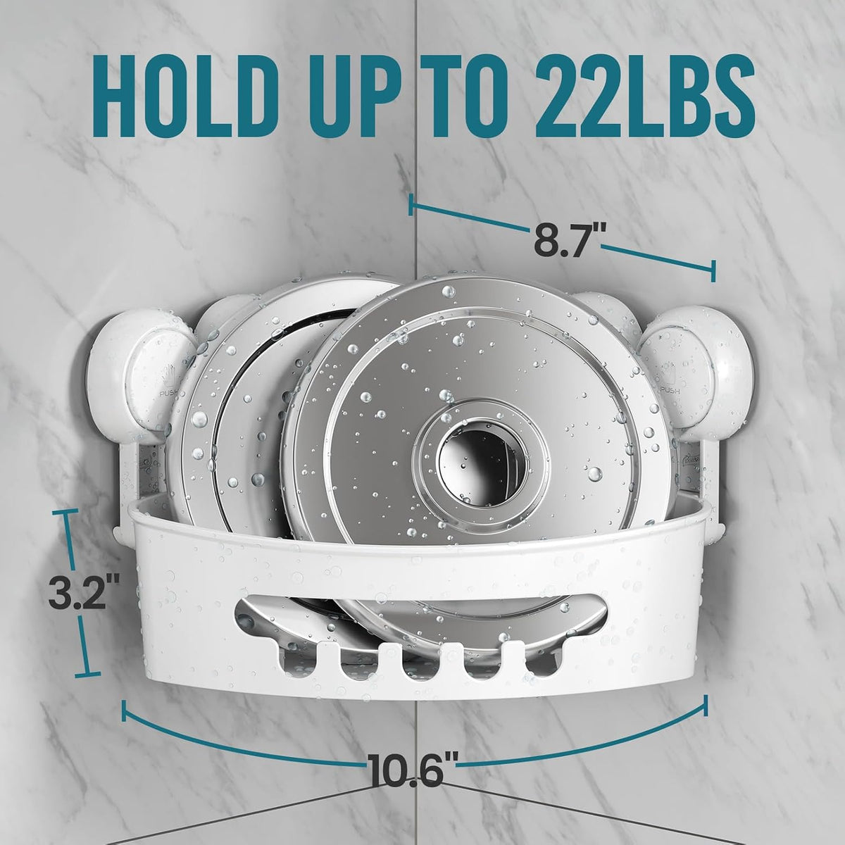 TAILI Corner Shower Caddy with Suction Cups, Wall Mounted Organizer Plastic Rack for Small Bathrooms, Kitchen, Removable Drill-Free Heavy Duty Shelf Basket, White