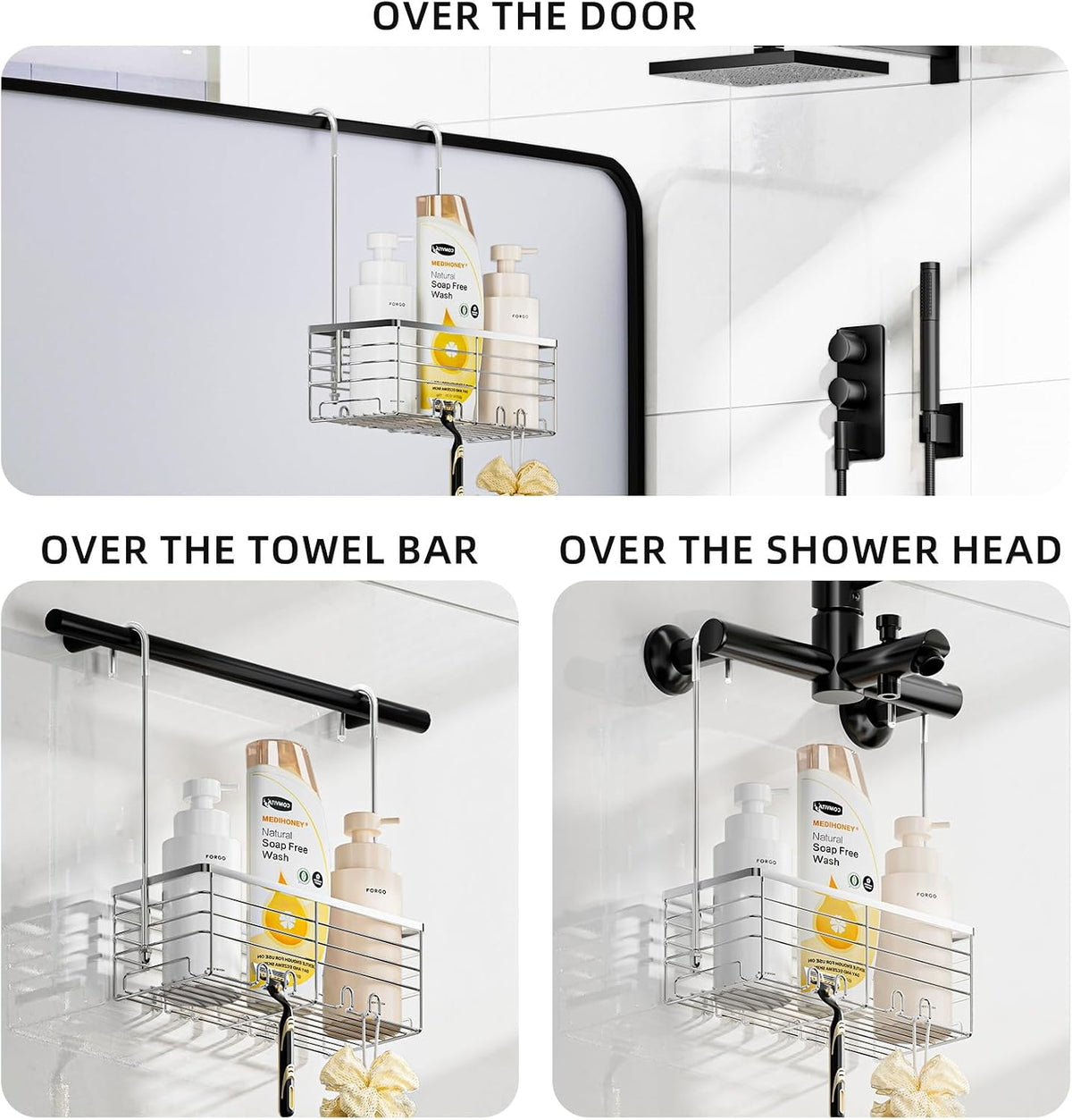 SHANSHUI Shower Hanging Caddy, Bathroom Shower Organizer Basket, Shampoo Bracket, Over Door Showers Rack with Hooks, 304 Stainless Steel Rustproof