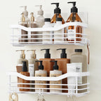 Orimade Shower Caddy Basket Shelf with 5 Hooks Adhesive Organizer Storage Rack Rust Resistant Wall Mounted Stainless Steel No Drilling for Bathroom, Toilet, Kitchen - 2 Pack