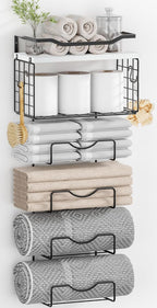 Towel Racks for Bathroom,Towel Rack Wall Mounted, 6 Tier Rolled Or Folded Towel Holder with Floating Shelves, Bathroom Towel Holder for Bath, Hand Towels,Metal and Wood